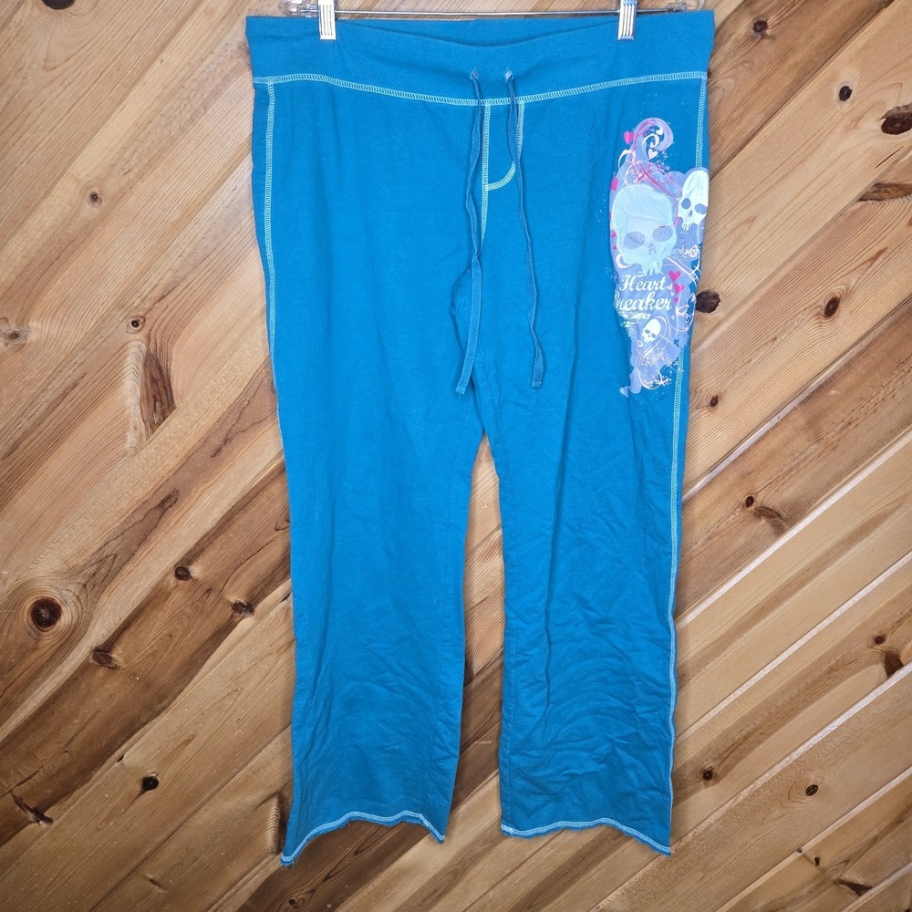 No Boundries Y2K Turquoise Flare Sweatpants XL‎ Skull Patch "Heart Breaker"